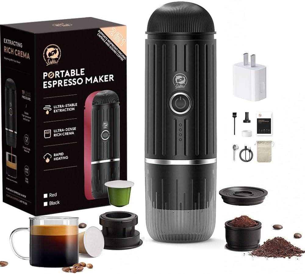 Portable Coffee Maker Travel Espresso Machine 120W Red Color, 19 Bar Pressure 7500mAh Rechargeable Battery Version Portable On the Go for Camping, Driving, Home and Office Travelling Portable Coffee Maker Travel Espresso Machine 120W Red Color, 19 Bar Pressure 7500mAh Rechargeable Battery Version Portable On the Go for Camping, Driving, Home and Office Travelling