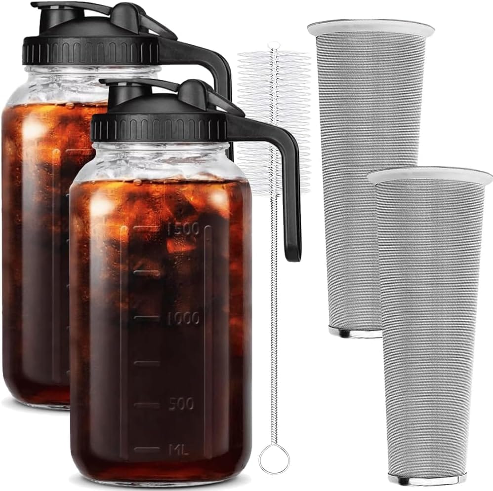 2 Set 64 oz (2 Quart), Black Cold Brew Coffee Maker, Iced Tea Machines, Thick Glass with Pour Spout Handle Lid, Stainless Steel Filter for Iced Coffee, Fruit Drinks or Sun Tea (2) 2 Set 64 oz (2 Quart), Black Cold Brew Coffee Maker, Iced Tea Machines, Thick Glass with Pour Spout Handle Lid, Stainless Steel Filter for Iced Coffee, Fruit Drinks or Sun Tea (2)
