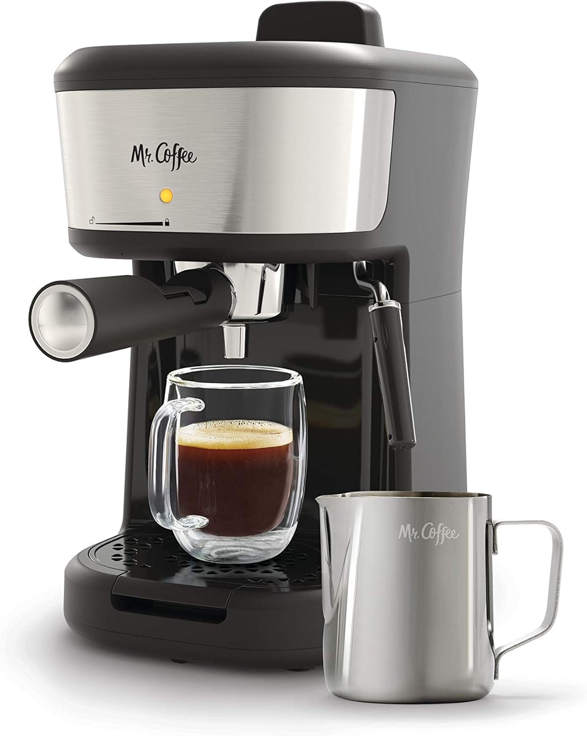 Mr. Coffee Espresso and Cappuccino Machine, Single Serve Coffee Maker with Milk Frothing Pitcher and Steam Wand, 20 ounces, Stainless Steel,Black Mr. Coffee Espresso and Cappuccino Machine, Single Serve Coffee Maker with Milk Frothing Pitcher and Steam Wand, 20 ounces, Stainless Steel,Black