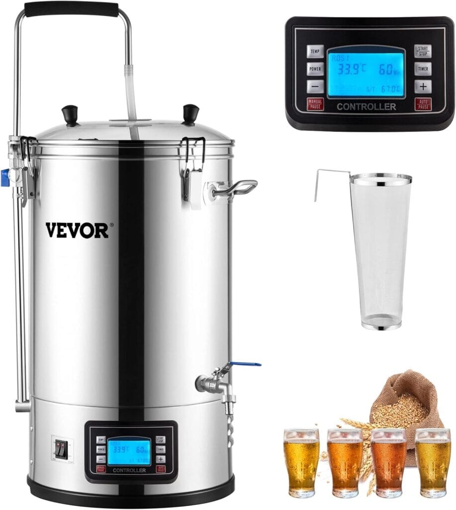 Vevor Electric Brewing System, 9.2 Gal/35 L Brewing Pot, All-In-One Home Beer Brewer W/Pump, Mash Boil Device W/Panel, Auto/Manual Mode 100-1800W Power 25-100℃ Temp 1-180 Min Timer Recipe Memory