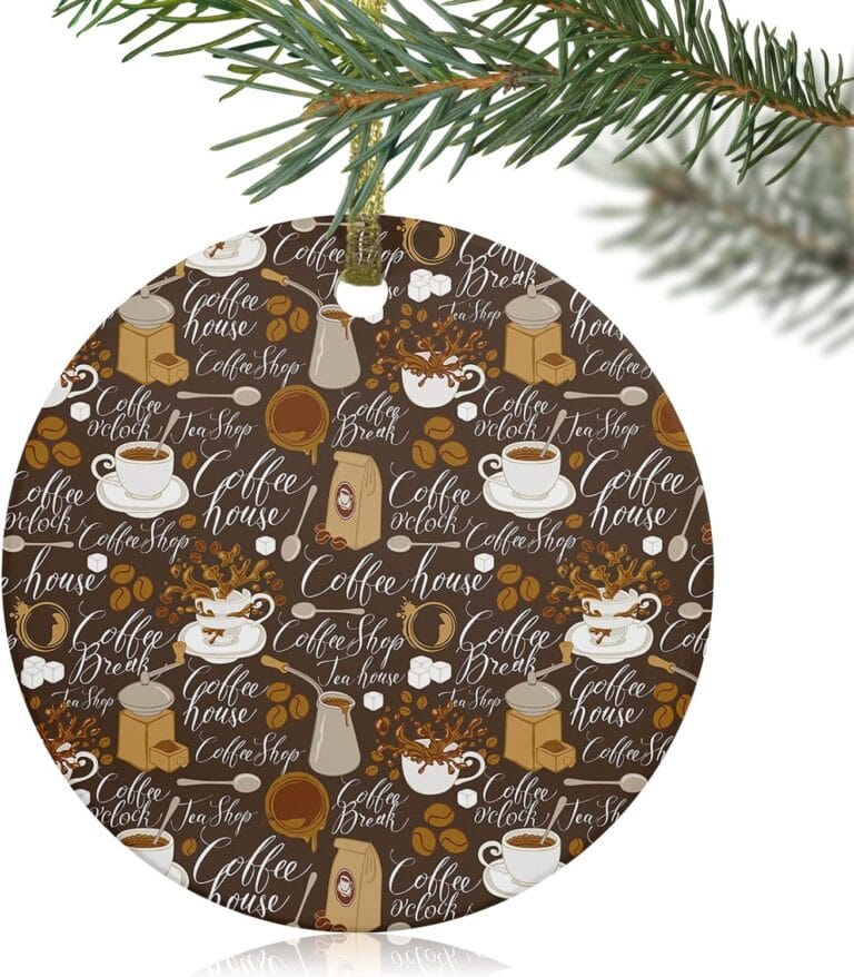 Round Christmas Ornament 3″ Hanging Accessories for 2024 Xmas Tree Home Decoration Coffee Cup Brewing Equipment Ornaments with Gold Ribbon Espresso Scoop Vintage Back