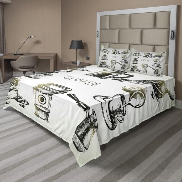 Ambesonne Coffee Sheet Set, Brewing Equipment Doodle Sketch Grinder French Press Plastic Cup Scoop Vintage, Fitted and Flat Sheet with Pillowcases Bedding Accent 4 Piece Set, King, Black Yellow