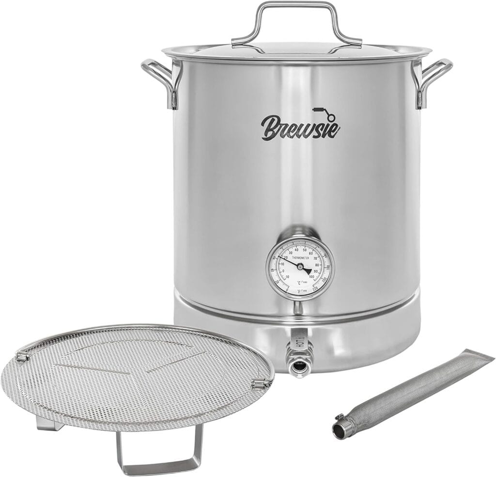 BREWSIE Stainless Steel Home Brew Kettle w/Dual Filtration. Equip with False Bottom Thermometer and Ball Valve for Brewing (8 Gal/ 32 QT)… BREWSIE Stainless Steel Home Brew Kettle w/Dual Filtration. Equip with False Bottom Thermometer and Ball Valve for Brewing (8 Gal/ 32 QT)…