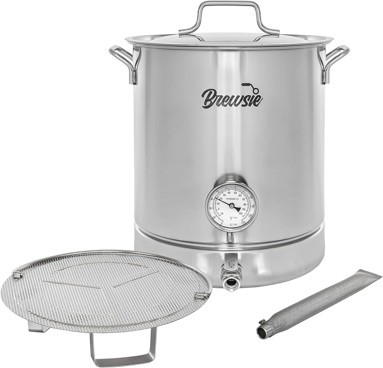 BREWSIE Stainless Steel Home Brew Kettle w/Dual Filtration. Equip with False Bottom Thermometer and Ball Valve for Brewing (8 Gal/ 32 QT)…