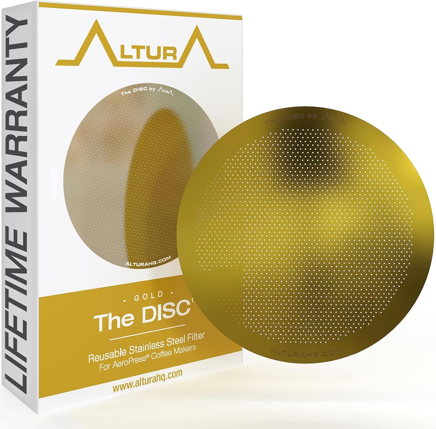 The DISC: Metal Filter for AeroPress Coffee Maker. Also Fits AeroPress Go coffee press. No More Paper Filters (Gold) The DISC: Metal Filter for AeroPress Coffee Maker. Also Fits AeroPress Go coffee press. No More Paper Filters (Gold)