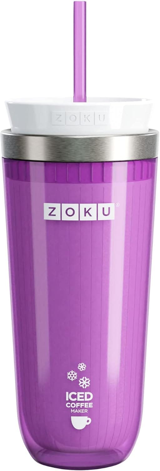 ZOKU Instant Iced Coffee Maker, Reusable Beverage Chiller Cools Hot Beverages in Minutes Without Dilution, Portable 11-ounce Tumbler With Spill-resistant Lid and Straw, Purple