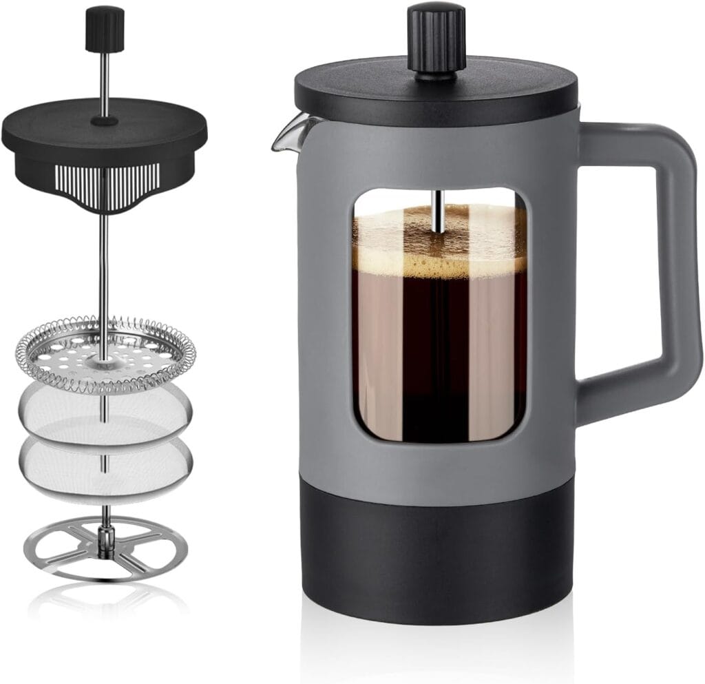 YOLIFE French Press Coffee Maker, 21 oz Small Coffee Tea Press with Heat-resistant Borosilicate Glass, 4-Level Filtration Systems, Portable Coffee Pot for Camping Travel Gifts, Grey and Black YOLIFE French Press Coffee Maker, 21 oz Small Coffee Tea Press with Heat-resistant Borosilicate Glass, 4-Level Filtration Systems, Portable Coffee Pot for Camping Travel Gifts, Grey and Black