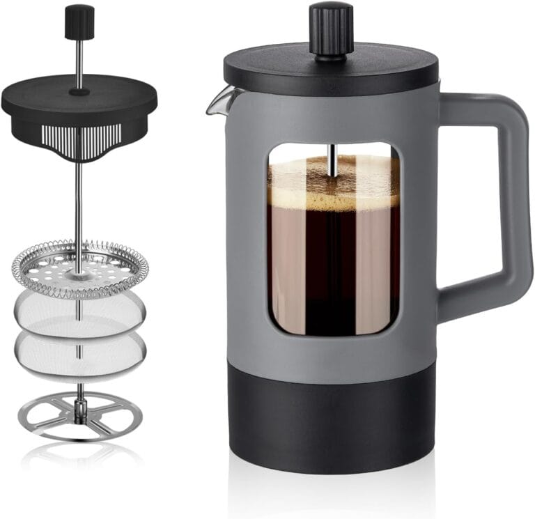 YOLIFE French Press Coffee Maker, 21 oz Small Coffee Tea Press with Heat-resistant Borosilicate Glass, 4-Level Filtration Systems, Portable Coffee Pot for Camping Travel Gifts, Grey and Black