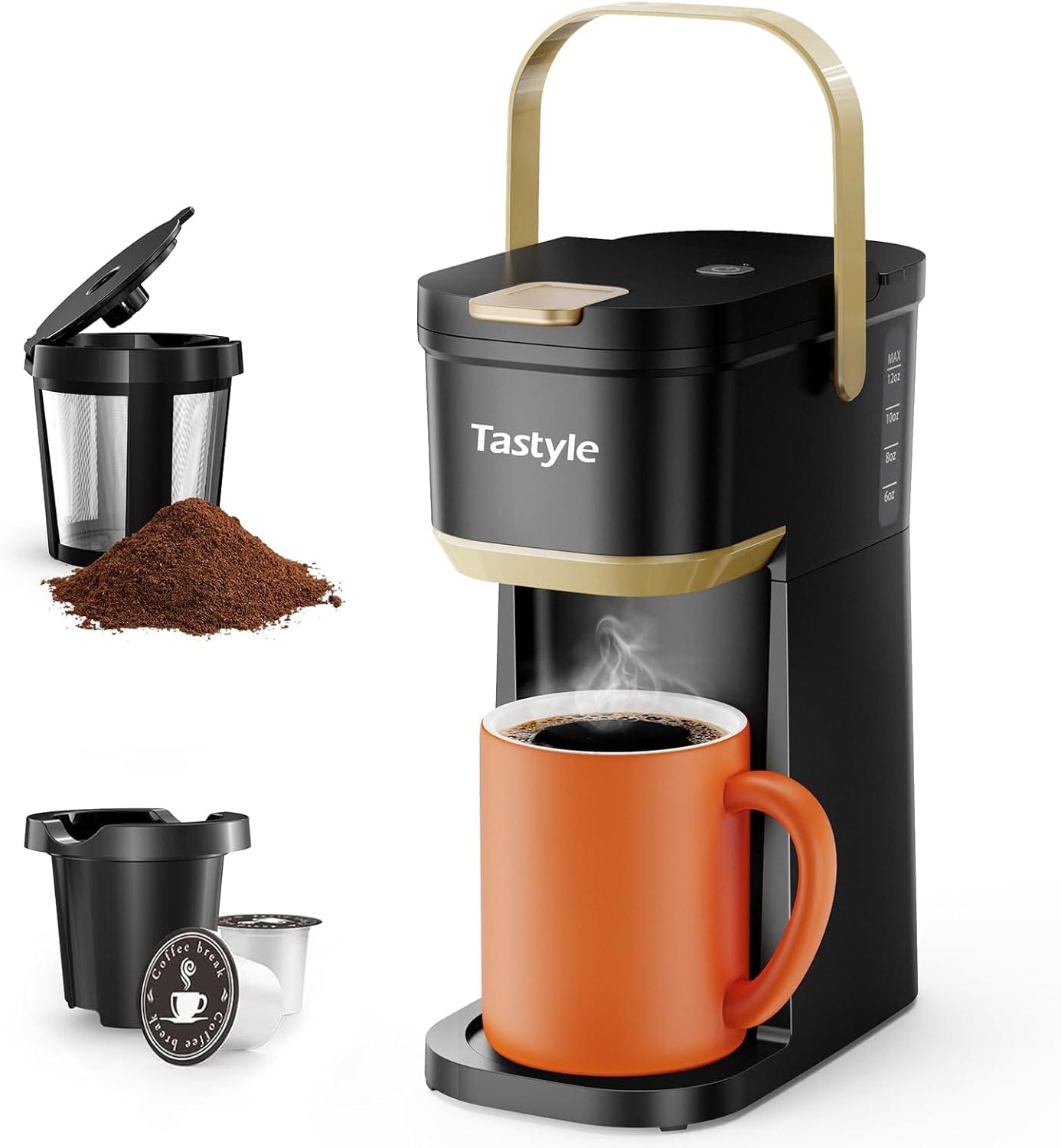 Single Serve One Cup Coffee Maker, for K Cups and Grounds, Mini Coffee Maker with Portable Handle, 6 to 12 Oz Brew Size, for Travel, Camping, Office, RV and Dorm, Black and Gold Single Serve One Cup Coffee Maker, for K Cups and Grounds, Mini Coffee Maker with Portable Handle, 6 to 12 Oz Brew Size, for Travel, Camping, Office, RV and Dorm, Black and Gold