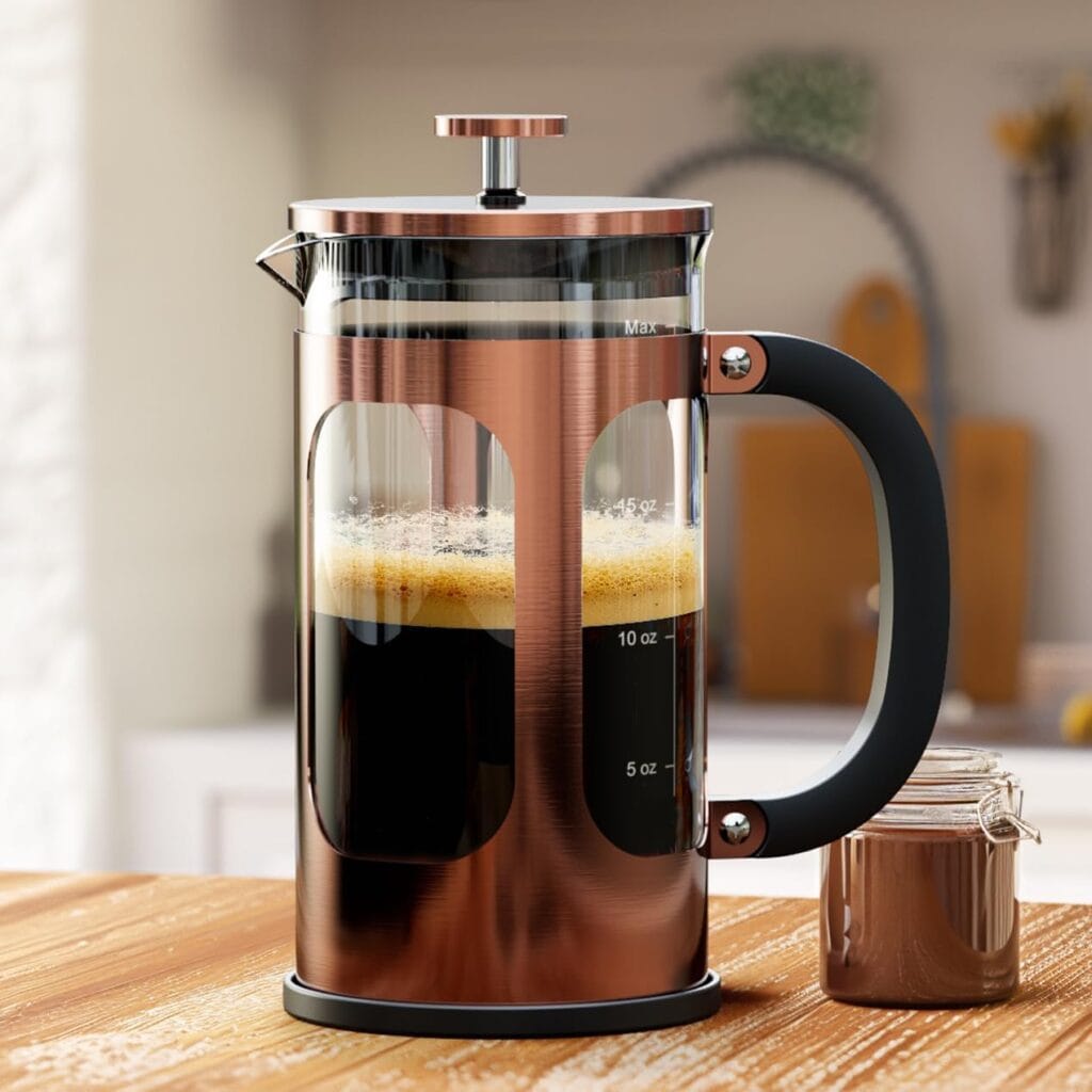 BAYKA 21 Ounce 0.6 Liter French Press Coffee Tea Maker Small, Heat Resistant Thickened Borosilicate Glass Stainless Steel Single Serve Brewer, Cold Brew Cafetera Teapot, Copper BAYKA 21 Ounce 0.6 Liter French Press Coffee Tea Maker Small, Heat Resistant Thickened Borosilicate Glass Stainless Steel Single Serve Brewer, Cold Brew Cafetera Teapot, Copper