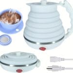Travel Kettle Electric Collapsible, Portable Electric Kettle Silicone + Paperless Collapsible Coffee Dripper, Travel Pour Over Coffee Maker Single Cup, White