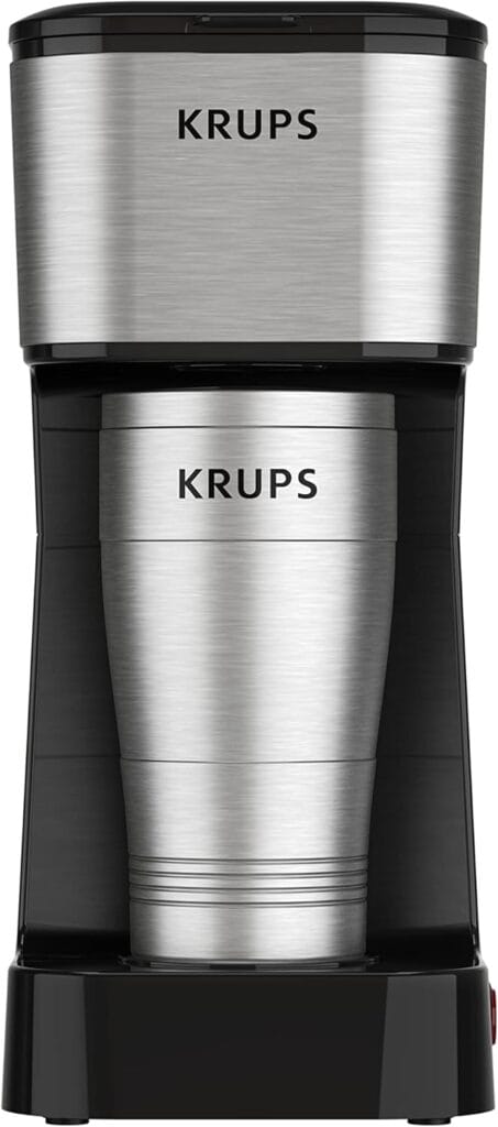 KRUPS: 2 Cup Coffee Maker, Simply Brew Stainless Steel Single Serve Drip Coffee Machine and Travel Tumbler 14 Ounce Stainless Steel Tumbler Included 650 Watts Coffee Filter, Compact Silver and Black KRUPS: 2 Cup Coffee Maker, Simply Brew Stainless Steel Single Serve Drip Coffee Machine and Travel Tumbler 14 Ounce Stainless Steel Tumbler Included 650 Watts Coffee Filter, Compact Silver and Black