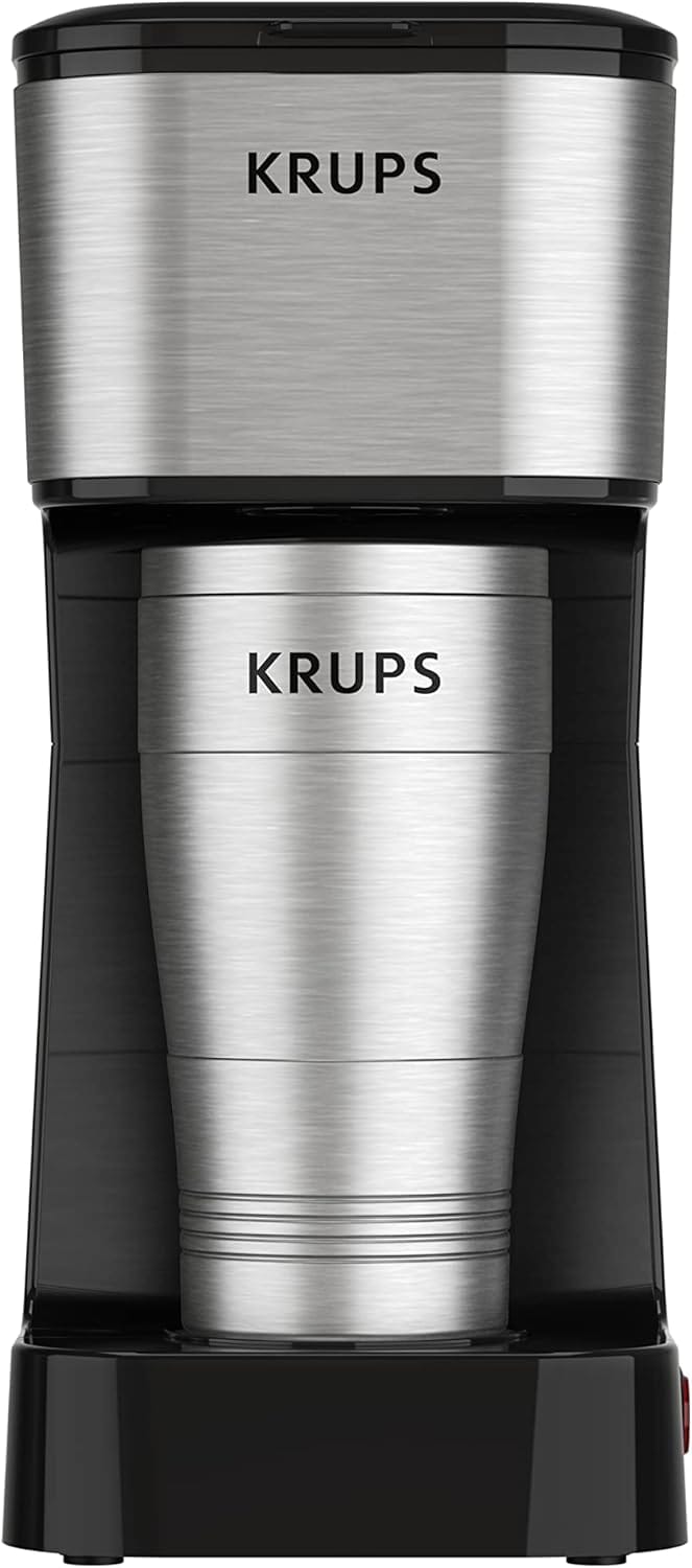 KRUPS: 2 Cup Coffee Maker, Simply Brew Stainless Steel Single Serve Drip Coffee Machine and Travel Tumbler 14 Ounce Stainless Steel Tumbler Included 650 Watts Coffee Filter, Compact Silver and Black KRUPS: 2 Cup Coffee Maker, Simply Brew Stainless Steel Single Serve Drip Coffee Machine and Travel Tumbler 14 Ounce Stainless Steel Tumbler Included 650 Watts Coffee Filter, Compact Silver and Black