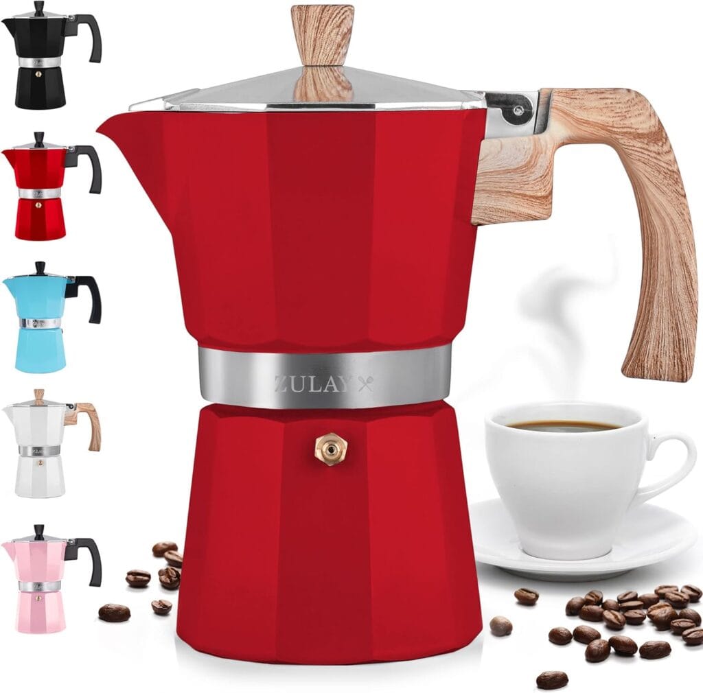Zulay Kitchen Stovetop Espresso Maker – Moka Pot 6 Espresso Cups – Percolator Coffee Maker For Classic Cuban & Italian Style Espresso – Portable Coffee Maker For Camping & Travel – (Red)