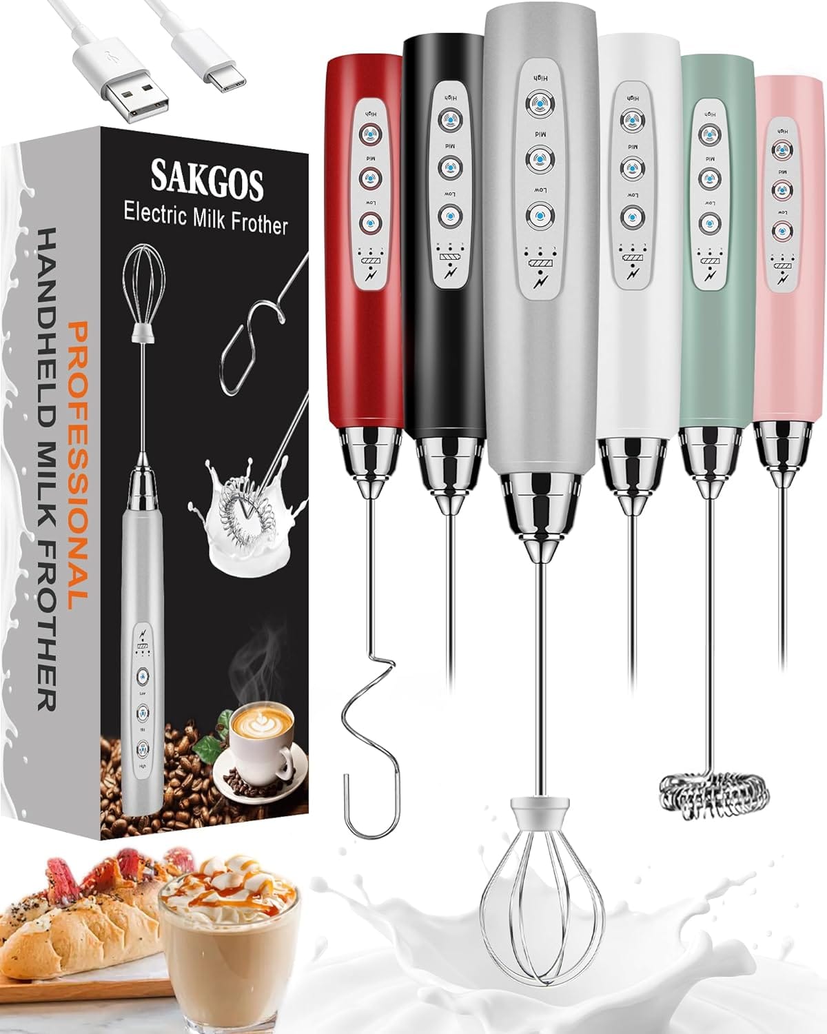 Milk Frother Rechargeable Handheld-Electric Whisk 3 Speed Adjustable, Coffee Frother Wand with 3 Stainless Whisks, Electric Foam Maker, Drink Mixer Blender for Latte Cappuccino Matcha Egg Milk Frother Rechargeable Handheld-Electric Whisk 3 Speed Adjustable, Coffee Frother Wand with 3 Stainless Whisks, Electric Foam Maker, Drink Mixer Blender for Latte Cappuccino Matcha Egg
