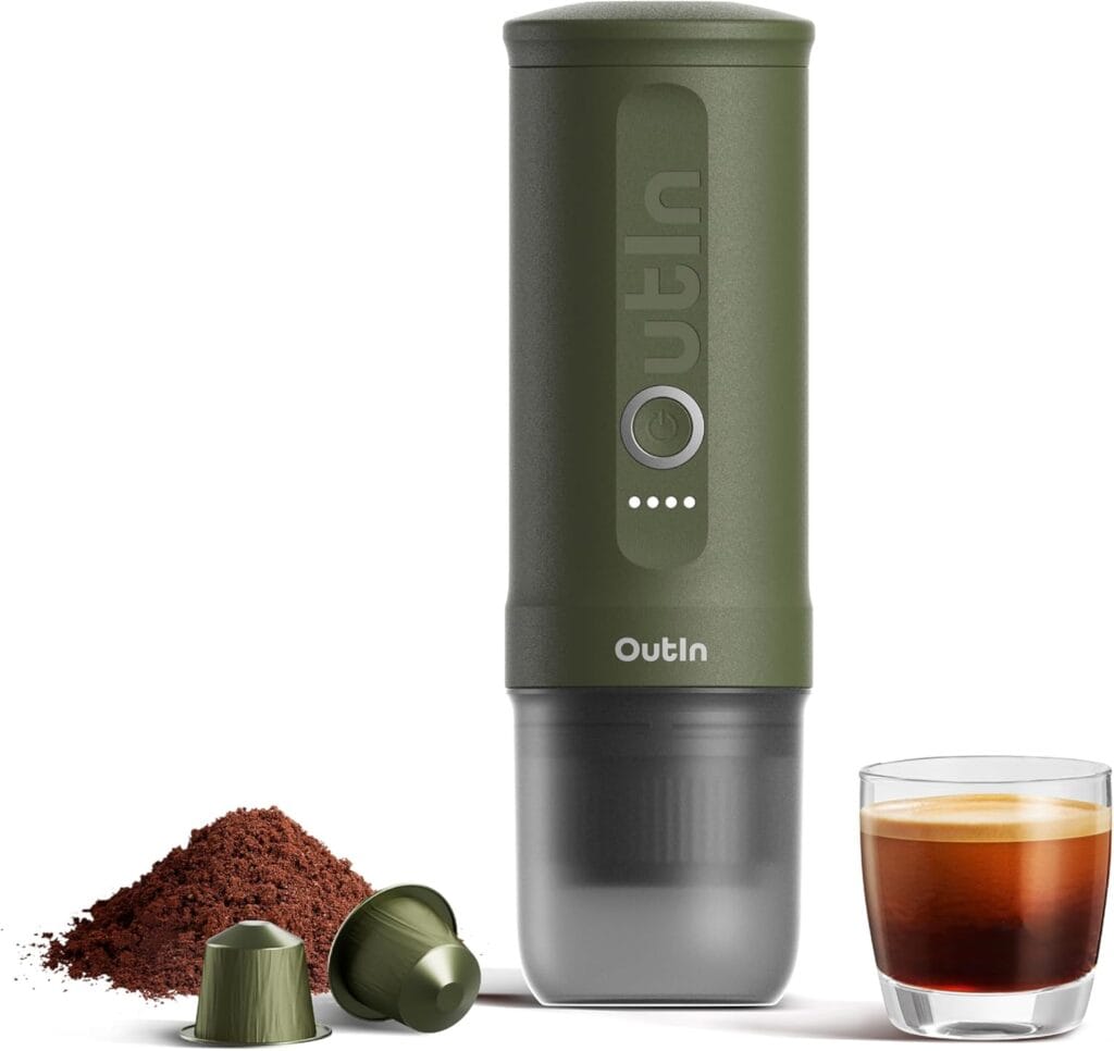 OutIn Nano Portable Electric Espresso Machine with 3-4 Min Self-Heating, 20 Bar Mini Small 5V Car Coffee Maker, Compatible with NS Capsule & Ground Coffee for Camping, Travel, RV, Hiking, Office OutIn Nano Portable Electric Espresso Machine with 3-4 Min Self-Heating, 20 Bar Mini Small 5V Car Coffee Maker, Compatible with NS Capsule & Ground Coffee for Camping, Travel, RV, Hiking, Office