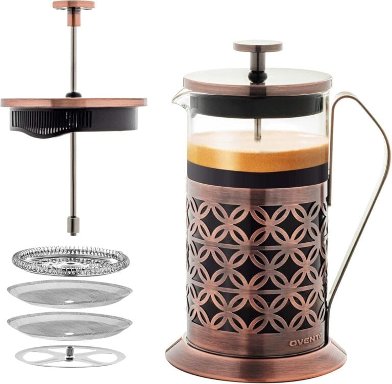 OVENTE French Press Coffee Maker 20 Ounce with Heat Resistant Borosilicate Glass, Stainless Steel Design and 4-Level Filter System, Portable Cold Brewer Pot for Travel, Camping or Gift, Copper FSF20C