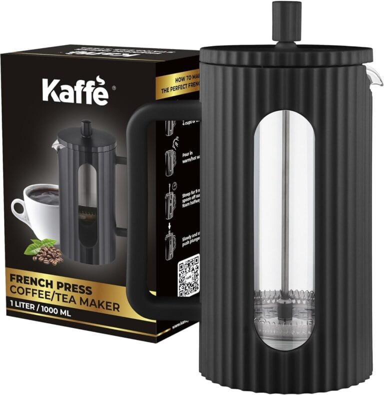 Kaffe French Press Coffee Maker (34oz / 1L) – Borosilicate Glass and BPA-Free Plastic Coffee Press – Matte Black – Lightweight Travel & Camping Coffee Maker