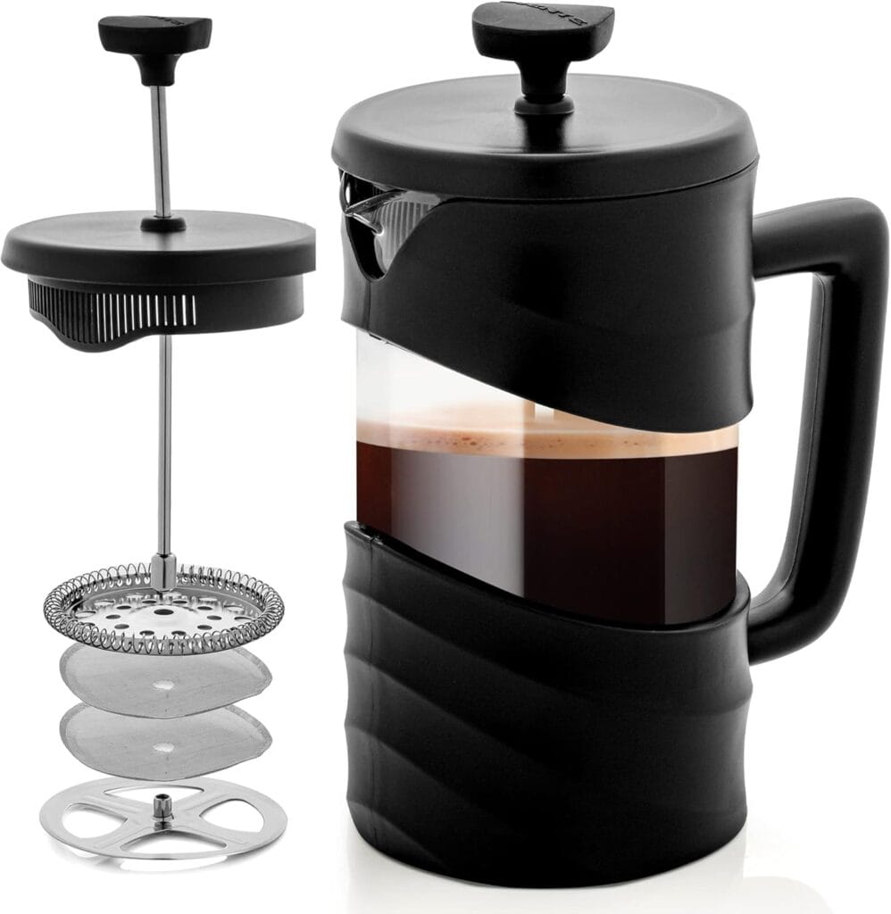 Ovente French Press Coffee Maker 34 Ounce With Heat Resistant Borosilicate Glass & Stainless Steel 4-Level Filtration System, Portable Cold Brew Coffee Maker For Travel, Camping Or Gift, Black Fpw34B