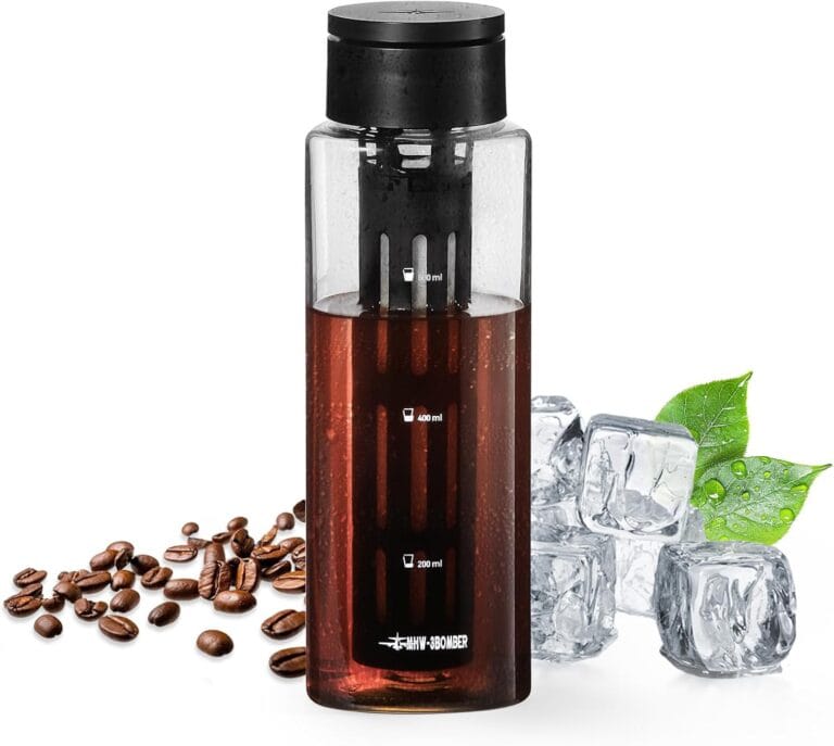 MHW-3BOMBER Cold Brew Coffee Maker Iced Coffee Tea Pitcher – 20oz Portable Brewing Coffee Cup with Filter – Reusable Tritan Material Bottle, Space-Saving Design, Black, CE6137B-OS