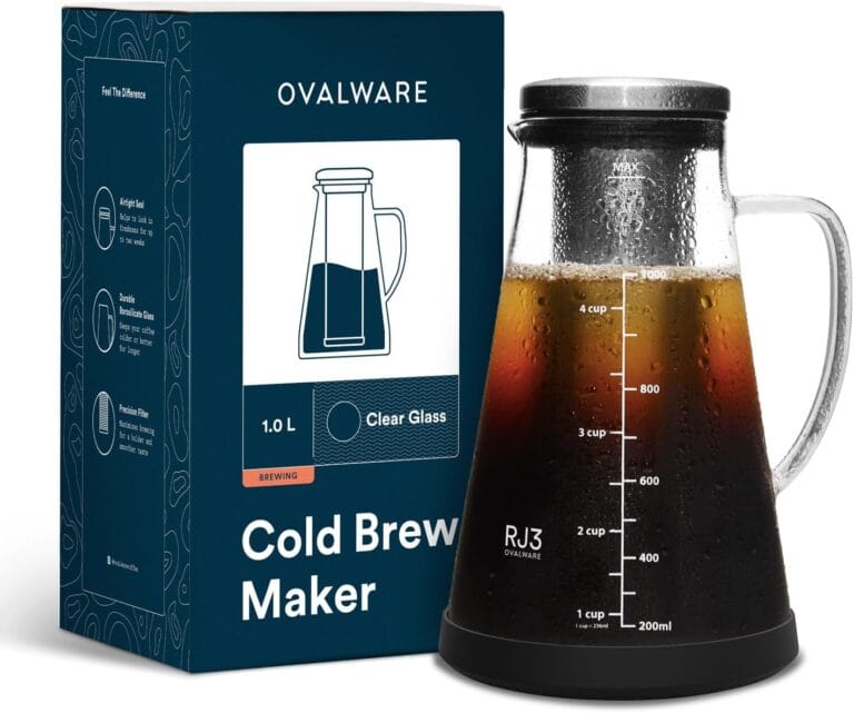 OVALWARE Airtight Cold Brew Iced Coffee Maker Pitcher and Tea Infuser with Spout – 1.0L / 34oz Ovalware RJ3 Brewing Glass Carafe with Removable Stainless Steel Filter