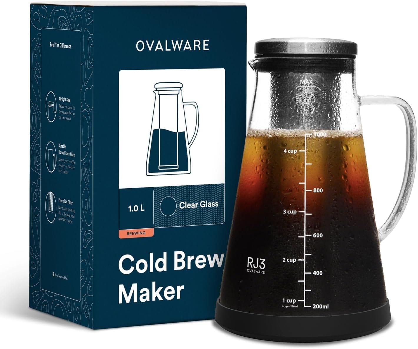 OVALWARE Airtight Cold Brew Iced Coffee Maker Pitcher and Tea Infuser with Spout – 1.0L / 34oz Ovalware RJ3 Brewing Glass Carafe with Removable Stainless Steel Filter OVALWARE Airtight Cold Brew Iced Coffee Maker Pitcher and Tea Infuser with Spout – 1.0L / 34oz Ovalware RJ3 Brewing Glass Carafe with Removable Stainless Steel Filter
