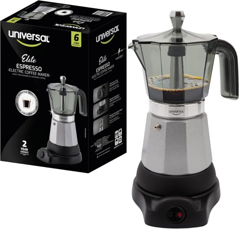 universal Electric Moka Pot (6 Cups), Italian Coffee Maker (480 Watts), Easy Brewing, Prepare Espresso Recipes Cuban, Latte, Macchiato & Mocaccino
