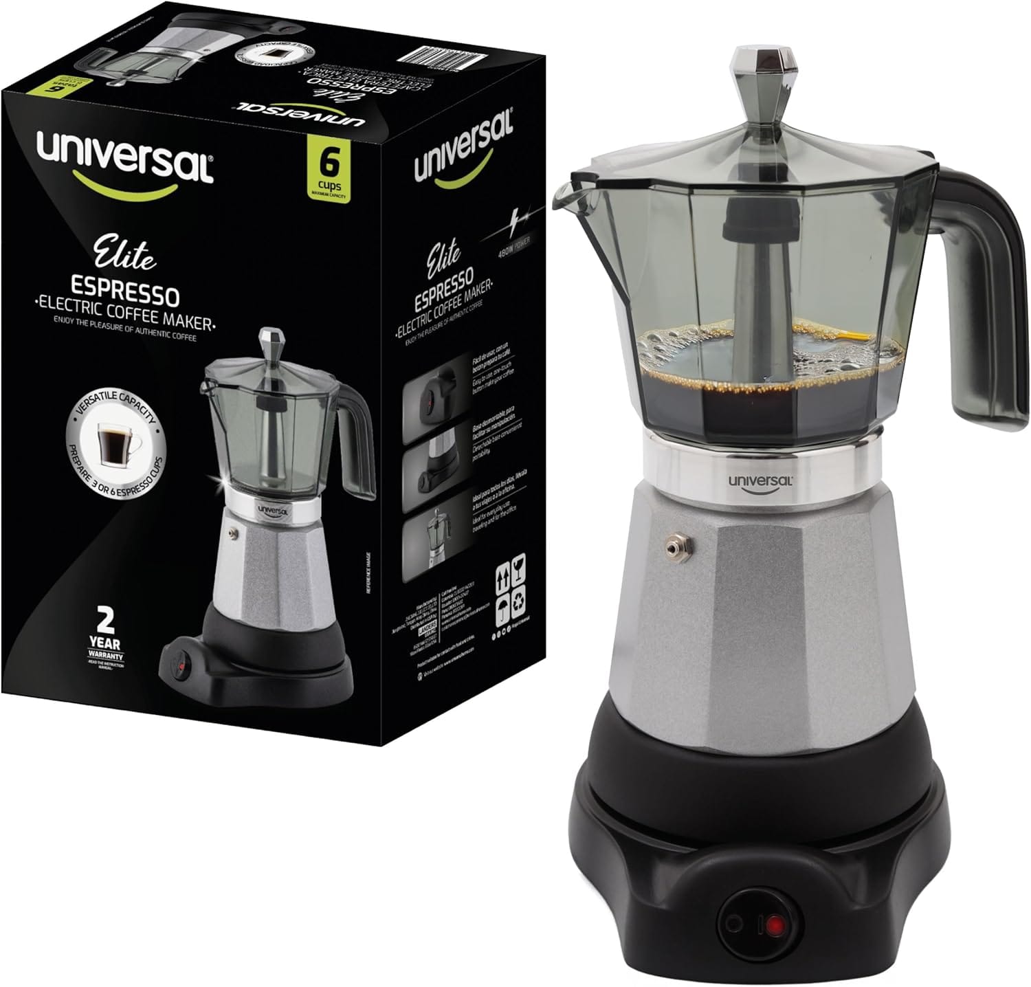universal Electric Moka Pot (6 Cups), Italian Coffee Maker (480 Watts), Easy Brewing, Prepare Espresso Recipes Cuban, Latte, Macchiato & Mocaccino universal Electric Moka Pot (6 Cups), Italian Coffee Maker (480 Watts), Easy Brewing, Prepare Espresso Recipes Cuban, Latte, Macchiato & Mocaccino