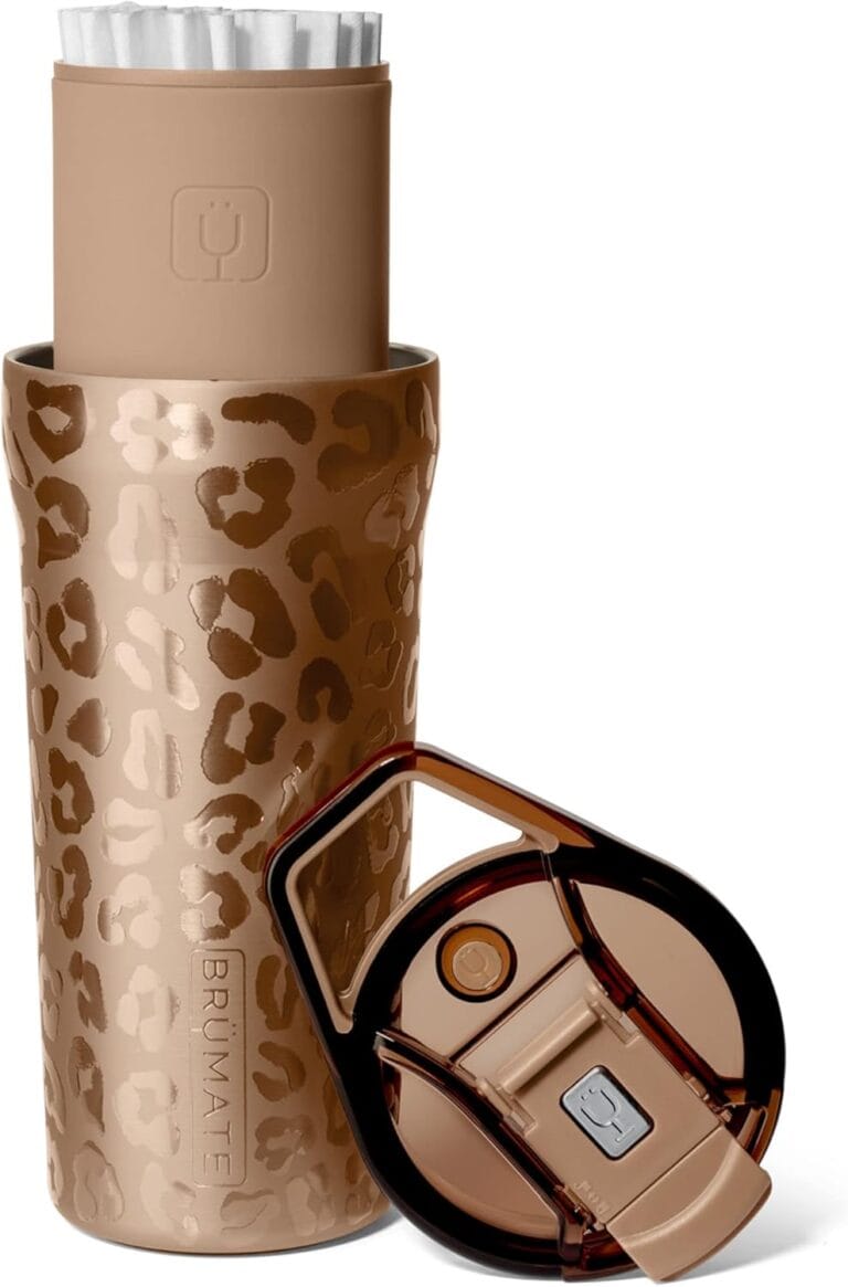 BrüMate Pour Over 20oz Insulated Travel Coffee Mug | 2-in1 Travel Coffee Maker with 100% Leak Proof Lid | Insulated Coffee Tumbler | Travel & Camping | Comes with Filter Dripper (Gold Leopard)
