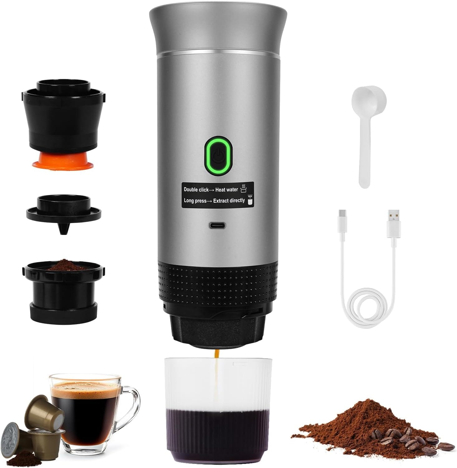 Portable Electric Coffee Machine,3-in-1 Mini Coffee Maker,Self-Heating Car Coffee Maker with USB-C, Small Coffee Machine with Ground Coffee & Capsules for RV, Hiking, Office (silver)