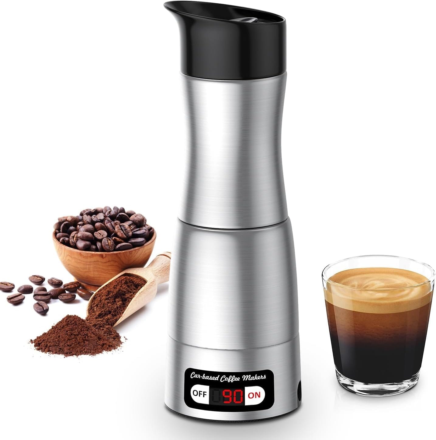 12V Coffee Maker, 3-In-1 Portable Coffee Maker with 24V/110V, Stainless Steel Self-Heating 150ml Car Espresso Machine for Travel, Camping, Home, Office, RV, Truck