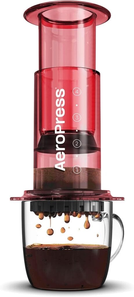 AeroPress Clear Red Coffee Press – 3 In 1 Brew Method Combines French Press, Pourover, Espresso, Full Bodied Coffee Without Grit or Bitterness, Small Portable Coffee Maker for Camping & Travel, Red AeroPress Clear Red Coffee Press – 3 In 1 Brew Method Combines French Press, Pourover, Espresso, Full Bodied Coffee Without Grit or Bitterness, Small Portable Coffee Maker for Camping & Travel, Red