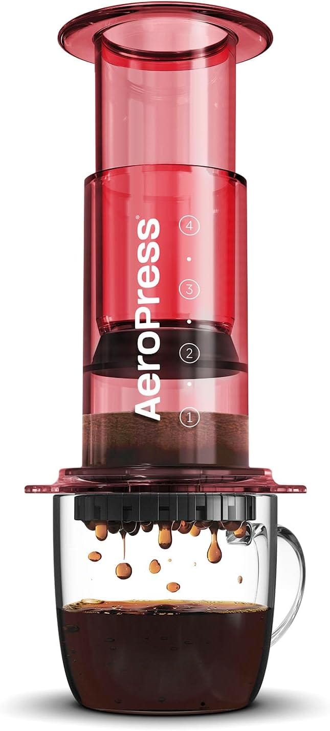AeroPress Clear Red Coffee Press – 3 In 1 Brew Method Combines French Press, Pourover, Espresso, Full Bodied Coffee Without Grit or Bitterness, Small Portable Coffee Maker for Camping & Travel, Red AeroPress Clear Red Coffee Press – 3 In 1 Brew Method Combines French Press, Pourover, Espresso, Full Bodied Coffee Without Grit or Bitterness, Small Portable Coffee Maker for Camping & Travel, Red