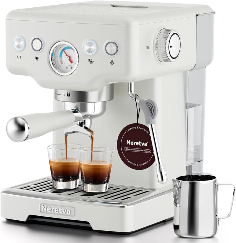 Neretva Espresso Machine, 15 Bar Espresso Coffee Machine with Visible Pressure Guage Professional Espresso Maker with Milk Frother & Stainless Steel for Home Barista Latte and Cappuccino Maker – White