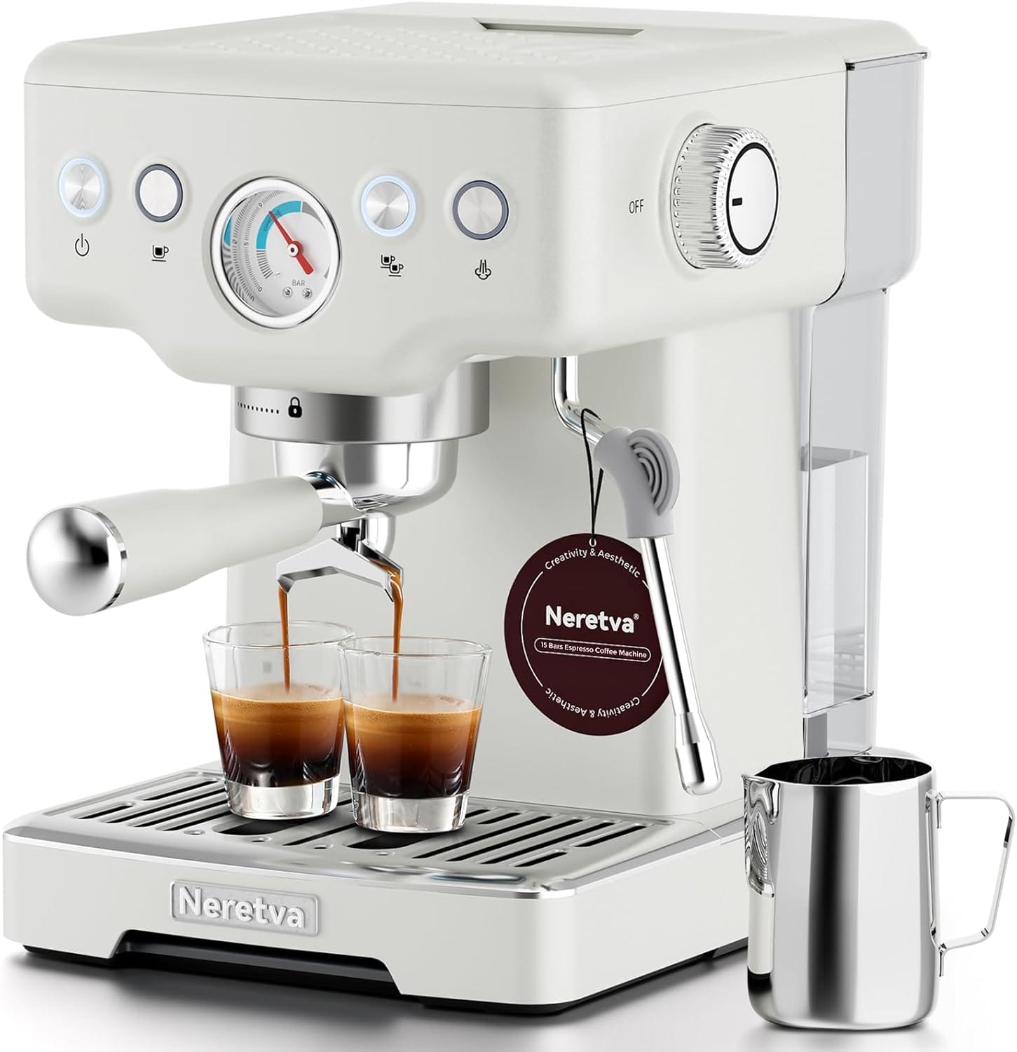Neretva Espresso Machine, 15 Bar Espresso Coffee Machine with Visible Pressure Guage Professional Espresso Maker with Milk Frother & Stainless Steel for Home Barista Latte and Cappuccino Maker – White