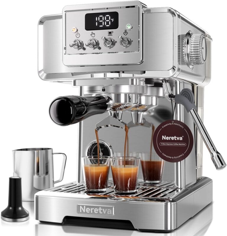 Neretva Espresso Coffee Machine, Professional Espresso Machine with Pressure Gauge 15Bar Retro Espresso Maker with Power Milk Frother Stainless Steel for Home Barista Latte and Cappuccino Maker-Silver