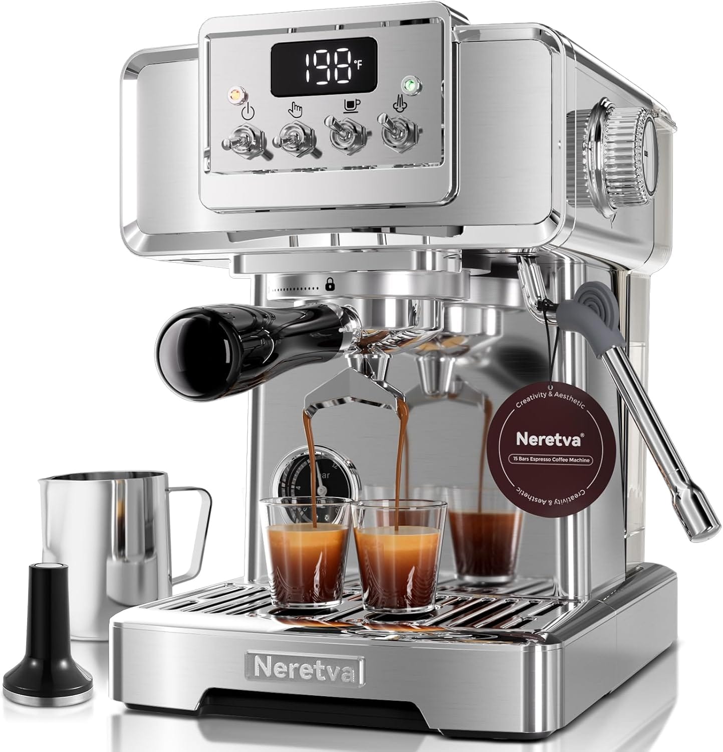 Neretva Espresso Coffee Machine, Professional Espresso Machine with Pressure Gauge 15Bar Retro Espresso Maker with Power Milk Frother Stainless Steel for Home Barista Latte and Cappuccino Maker-Silver Neretva Espresso Coffee Machine, Professional Espresso Machine with Pressure Gauge 15Bar Retro Espresso Maker with Power Milk Frother Stainless Steel for Home Barista Latte and Cappuccino Maker-Silver