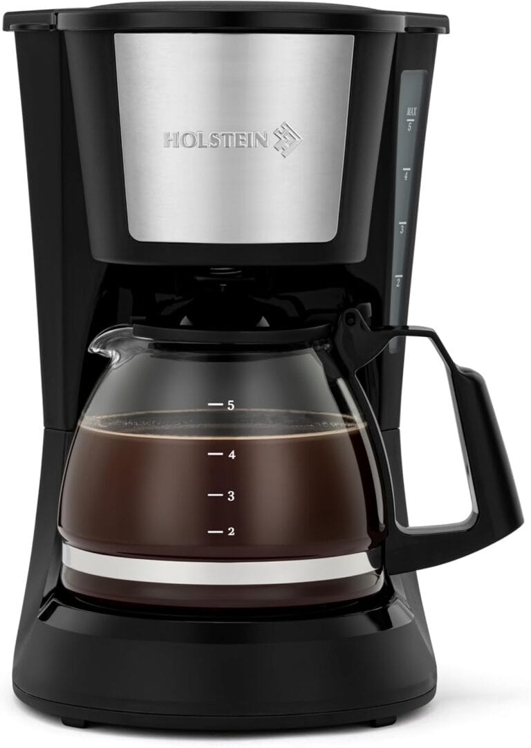 Holstein Housewares – 5 Cup Drip Coffee Maker – Convenient and User Friendly with Permanent Filter, Borosilicate Glass Carafe, Water Level Indicator, Auto Pause/Serve and Keep Warm Functions, Black