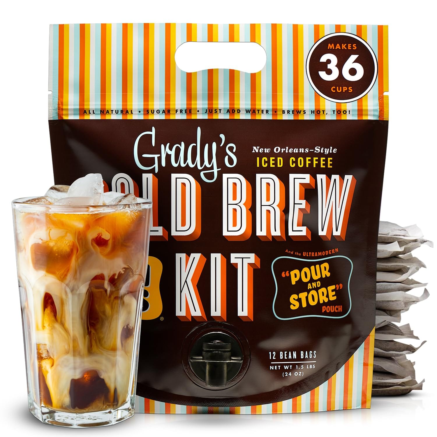 GRADY’S COLD BREW Coffee Pouches | New Orleans Style | 100% Arabica Ground Coffee & Chicory | All-in-One Cold Brew Kit with 12 Easy-to-Brew Beans Bags | Makes 36 drinks