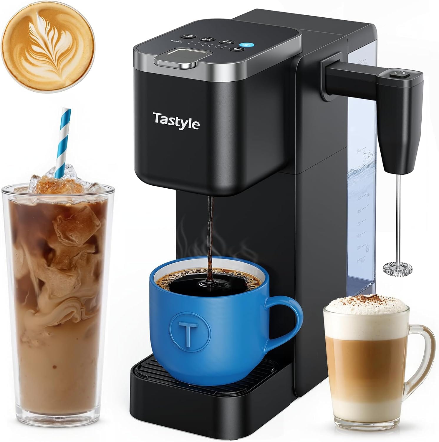 Single Serve Coffee Maker with Detachable Milk Frother, Iced and Hot Coffee Machine for K Cup & Grounds, 40oz Removable Water Reservoir, 6 Brew Sizes, Fits 7.3″ Travel Mug, Black Single Serve Coffee Maker with Detachable Milk Frother, Iced and Hot Coffee Machine for K Cup & Grounds, 40oz Removable Water Reservoir, 6 Brew Sizes, Fits 7.3″ Travel Mug, Black
