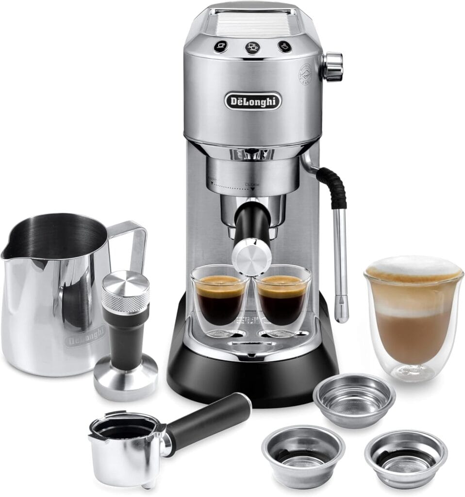 De’Longhi Dedica Arte Espresso Machine with Manual Milk Frother for Espresso, Capuccino, Latte, 35 Ounce Water Tank, Silver, EC885M