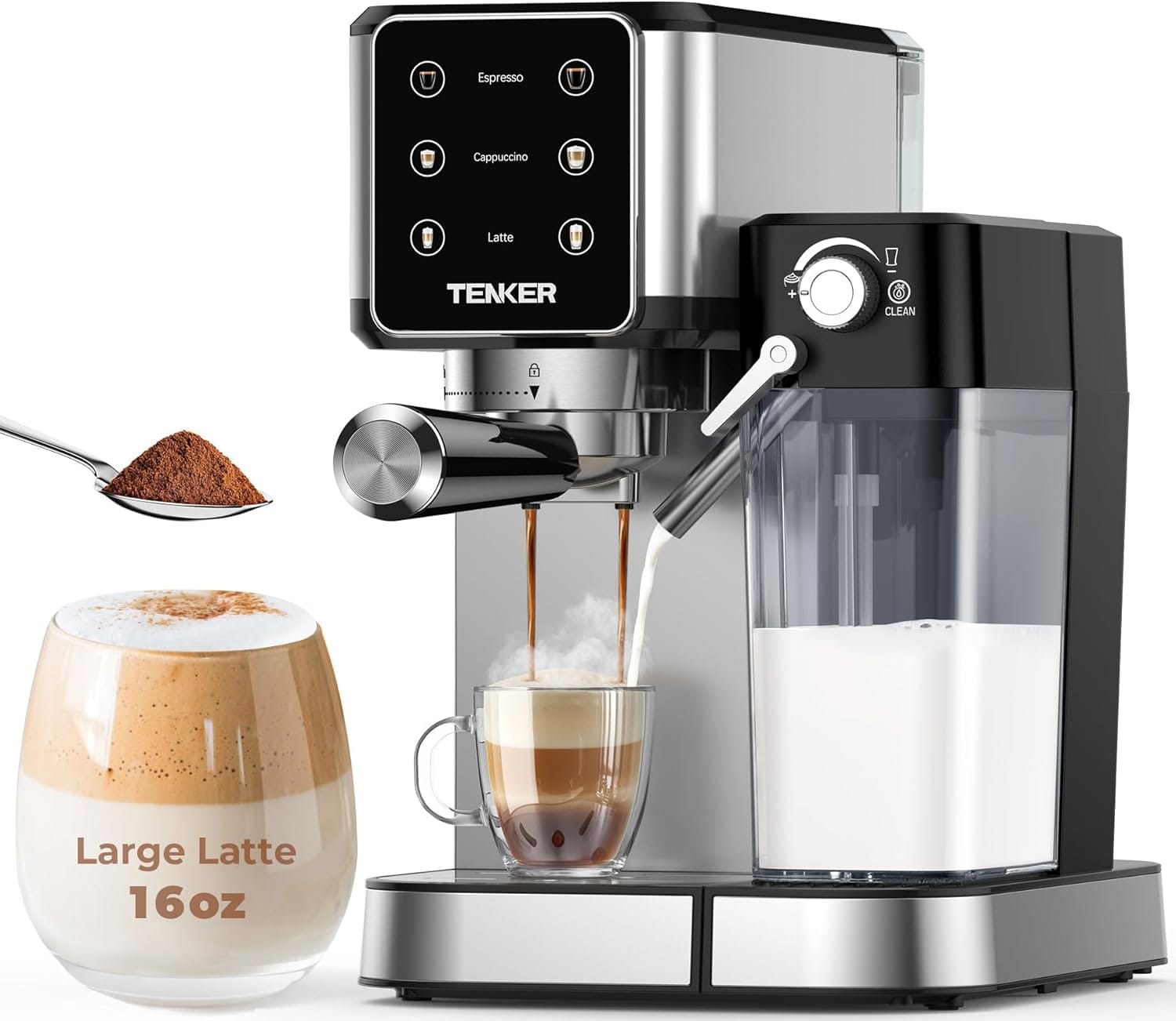 TENKER Espresso Machine 20 Bar, Cappuccino Machine with Automatic Milk Frother, Latte Machine in Stainless Steel Design, 1350W Touchscreen Coffee Maker for Home and Office (Silver) TENKER Espresso Machine 20 Bar, Cappuccino Machine with Automatic Milk Frother, Latte Machine in Stainless Steel Design, 1350W Touchscreen Coffee Maker for Home and Office (Silver)