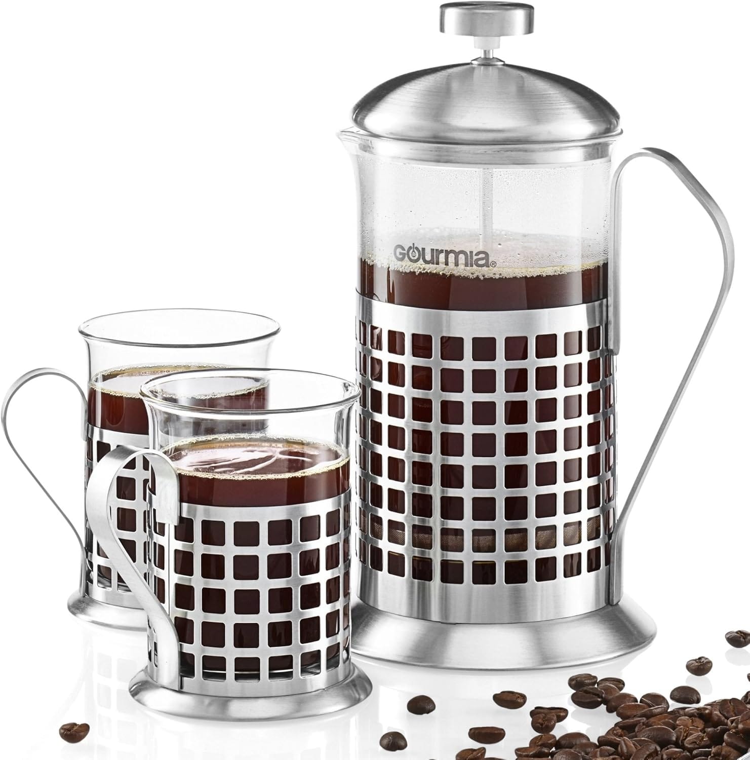 Gourmia GCM9830 French Press Coffee Maker Set 600 ml French Press Coffee Brewer With 2 Matching Stainless Steel Drinking Cups Gourmia GCM9830 French Press Coffee Maker Set 600 ml French Press Coffee Brewer With 2 Matching Stainless Steel Drinking Cups