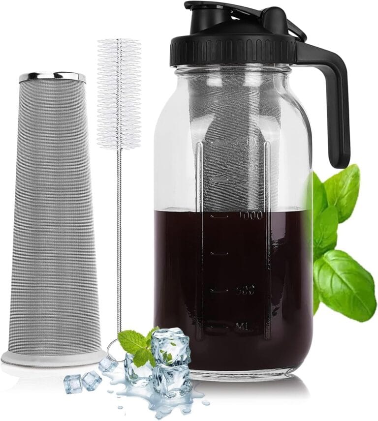 Cold Brew Coffee Maker – 64 Oz Heavy-Duty Glass Mason Jar Pitcher with Stainless Steel Filter, Leak-Proof Lid, Ergonomic Handle & Precision Pour Spout – Ideal for Iced Coffee, Tea, Cold Brew (Black)
