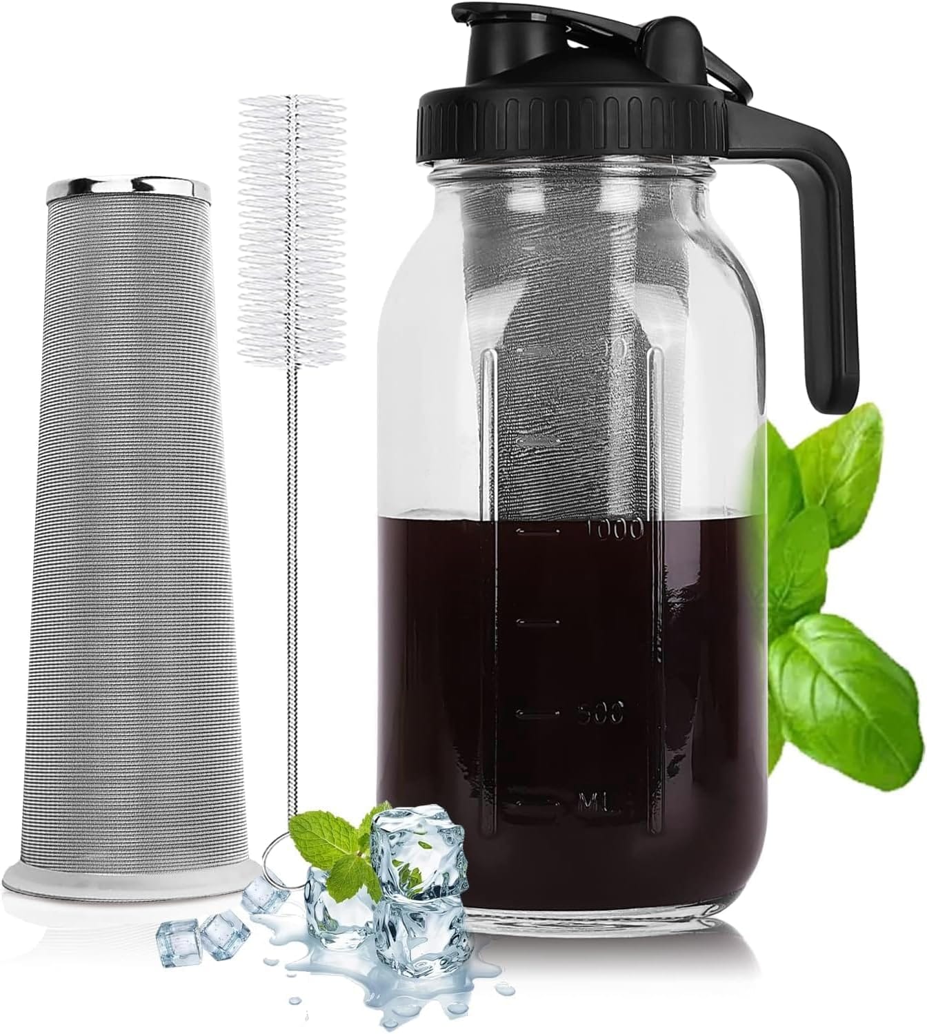 Cold Brew Coffee Maker – 64 Oz Heavy-Duty Glass Mason Jar Pitcher with Stainless Steel Filter, Leak-Proof Lid, Ergonomic Handle & Precision Pour Spout – Ideal for Iced Coffee, Tea, Cold Brew (Black)