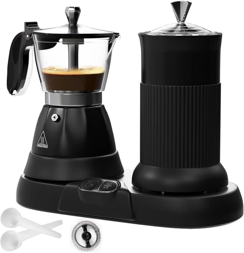 Electric Espresso Machine with Milk Frother 2 in 1 Efficient Moka Pot Coffee Maker with Milkfroth Aluminum One-Touch Operation for Effortless Cappuccinos Lattes Macchiatos Black Electric Espresso Machine with Milk Frother 2 in 1 Efficient Moka Pot Coffee Maker with Milkfroth Aluminum One-Touch Operation for Effortless Cappuccinos Lattes Macchiatos Black