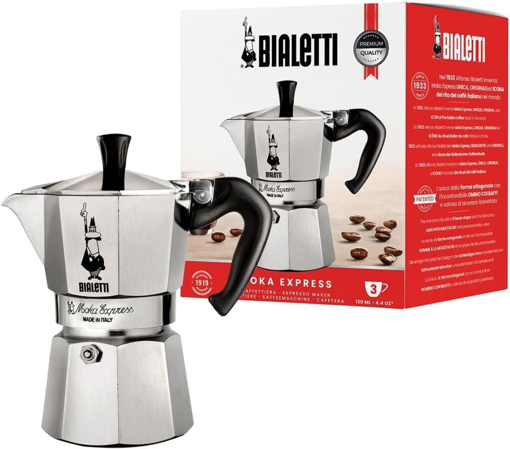 Moka Express: Iconic Stovetop Espresso Maker, Makes Real Italian Coffee, Moka Pot 3 Cups (4.4 Oz – 130 Ml) , Aluminium, Silver