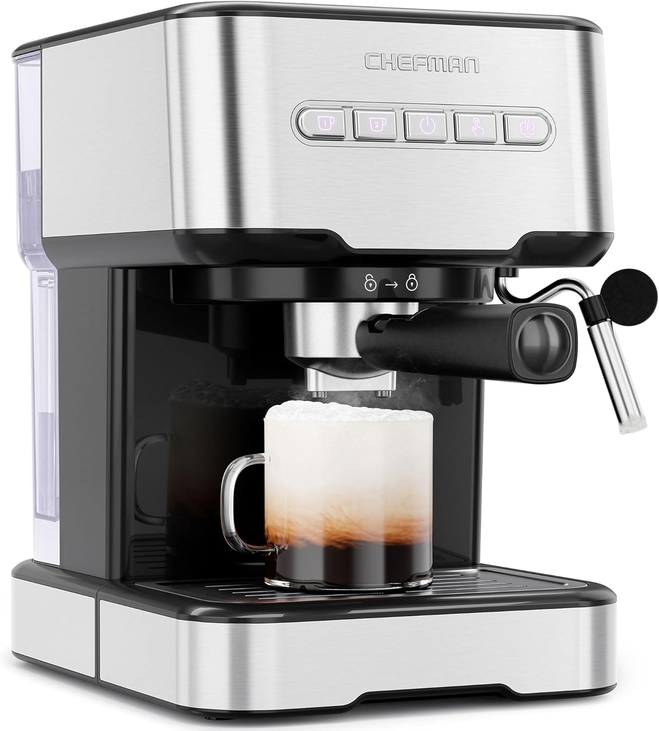 Chefman 6-in-1 Espresso Machine with Steamer, One-Touch Single or Double Shot Maker, Coffee Cappuccino Machine, Latte Built-In Milk Frother Stainless Steel Chefman 6-in-1 Espresso Machine with Steamer, One-Touch Single or Double Shot Maker, Coffee Cappuccino Machine, Latte Built-In Milk Frother Stainless Steel