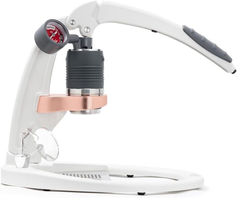 Flair UPDATED PRO 3 (White) – All manual lever espresso maker with a stainless steel brew head, pressure gauge, shot mirror and a small size