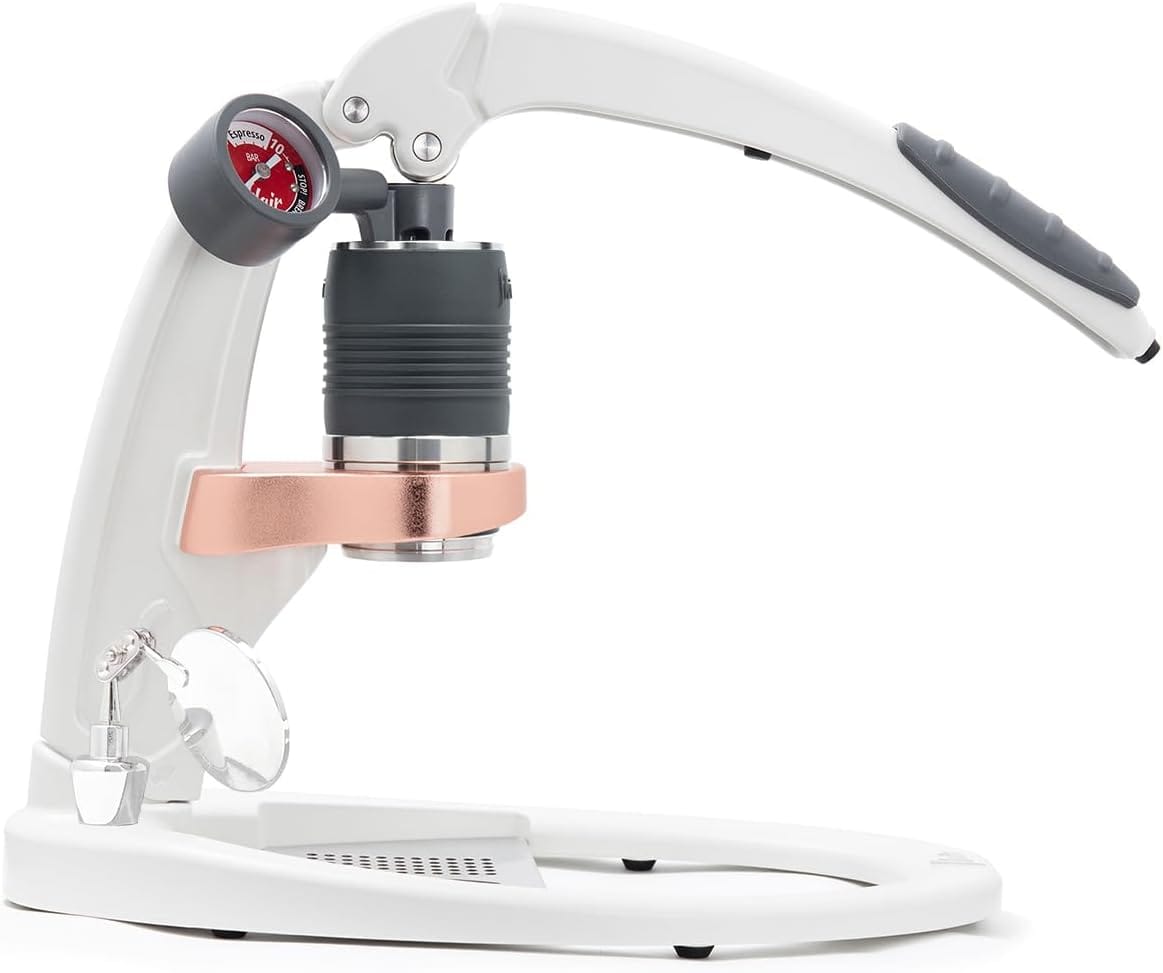 Flair UPDATED PRO 3 (White) – All manual lever espresso maker with a stainless steel brew head, pressure gauge, shot mirror and a small size